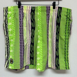 NWT Cross Colours AOP Nylon Swim Trunks Shorts Geometric Lined 2XL Green Purple